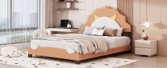 Full Size Upholstered Leather Platform Bed with Lion-Shaped Headboard, Brown